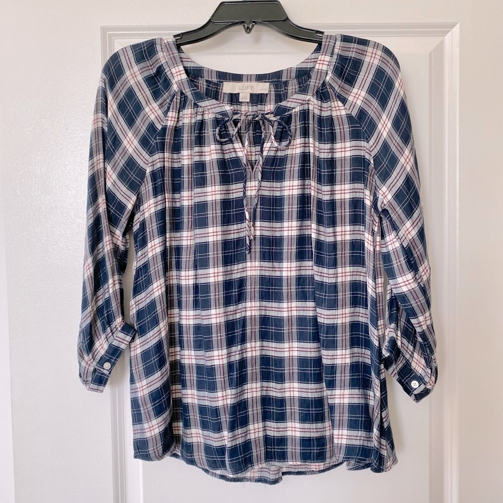 Women’s LOFT Navy Plaid String Tie Blouse - size MP